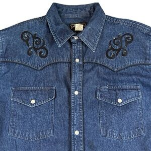 Vintage High Noon Stud Cowboy Pearl Snap Western Button Up Denim Shirt Men’s L